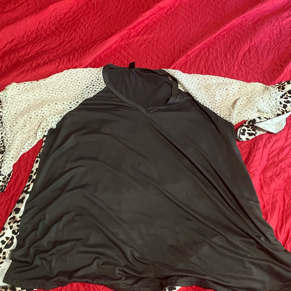 SHEIN Black Blouse with White Patterned Sleeves